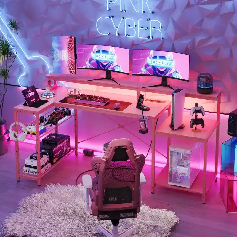Bestier 71,5 LED Bureau Gaming avec Prise de Courant, Bureau d'Angle en Forme de L avec Support Moniteur