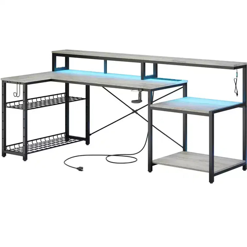 Bestier 71,5 LED Bureau Gaming avec Prise de Courant, Bureau d'Angle en Forme de L avec Support Moniteur