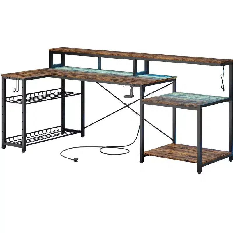 Bestier 71,5 LED Bureau Gaming avec Prise de Courant, Bureau d'Angle en Forme de L avec Support Moniteur