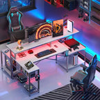 Bestier 71,5 LED Bureau Gaming avec Prise de Courant, Bureau d'Angle en Forme de L avec Support Moniteur