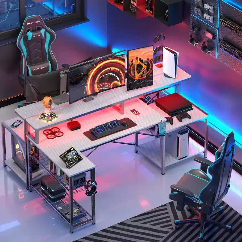Bestier 71,5 LED Bureau Gaming avec Prise de Courant, Bureau d'Angle en Forme de L avec Support Moniteur
