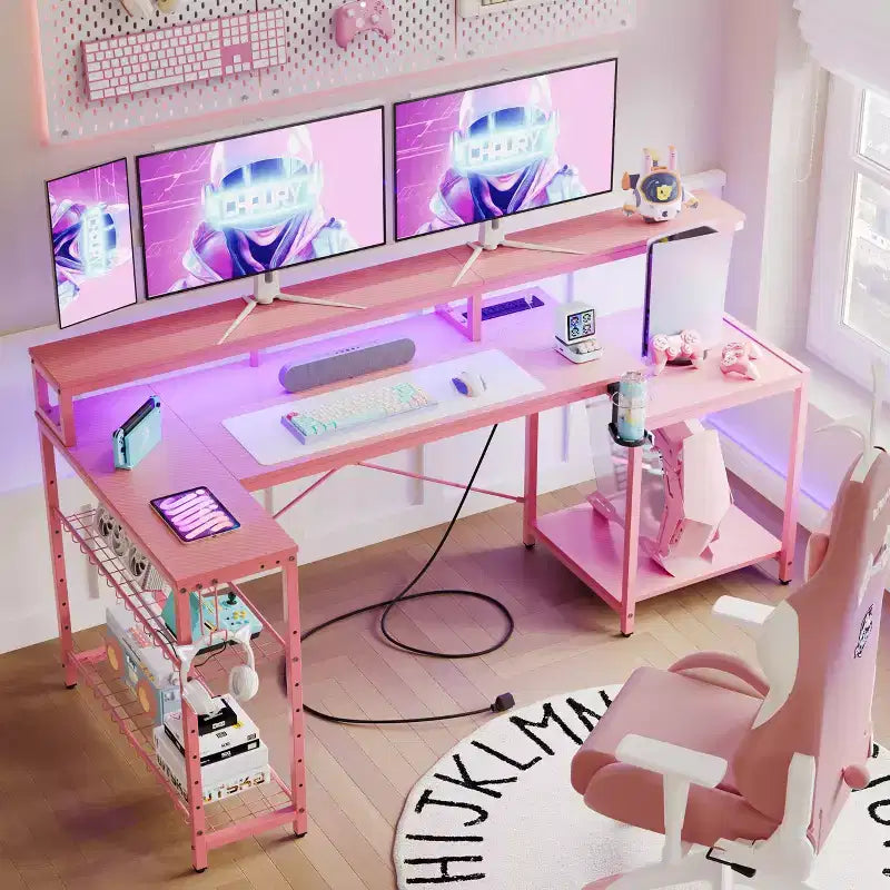Bestier 71,5 LED Bureau Gaming avec Prise de Courant, Bureau d'Angle en Forme de L avec Support Moniteur