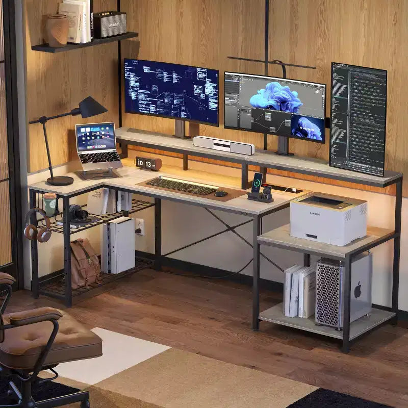 Bestier 71,5 LED Bureau Gaming avec Prise de Courant, Bureau d'Angle en Forme de L avec Support Moniteur