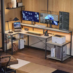 Bestier 71,5 LED Bureau Gaming avec Prise de Courant, Bureau d'Angle en Forme de L avec Support Moniteur