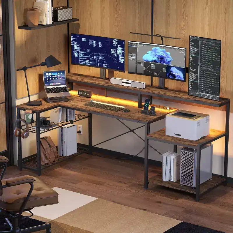 Bestier 71,5 LED Bureau Gaming avec Prise de Courant, Bureau d'Angle en Forme de L avec Support Moniteur