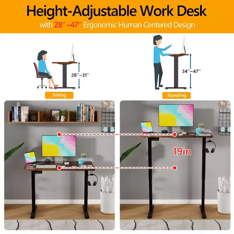 FDW 40/48/55 Bureau d'ordinateur debout à hauteur réglable avec grand espace de travail, levage électrique et 2 fonctions de mémoire