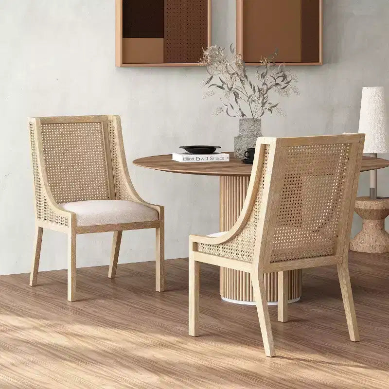 GDFStudio Rustic Fabric Upholstered Wood and Cane Dining Chairs (Set of 2)