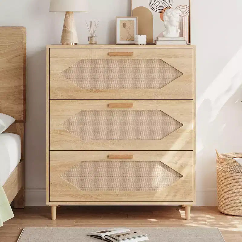 Commode Garvee à 3 tiroirs pour chambre à coucher, commode à tiroirs en rotin, rangement de chevet en bois rustique pour salon, couloir