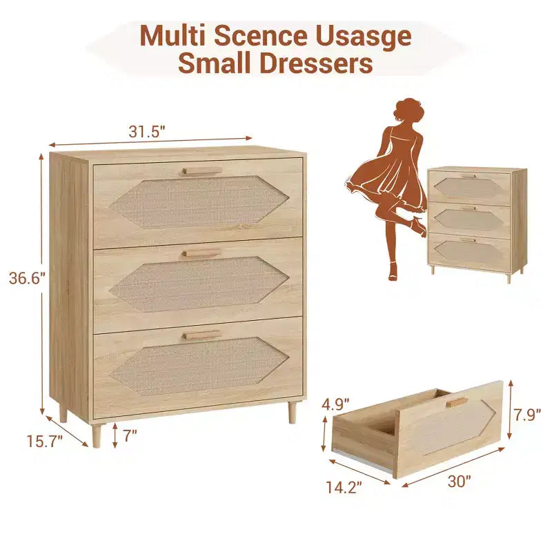 Commode Garvee à 3 tiroirs pour chambre à coucher, commode à tiroirs en rotin, rangement de chevet en bois rustique pour salon, couloir