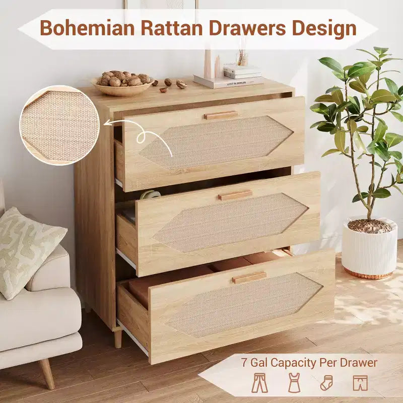 Commode Garvee à 3 tiroirs pour chambre à coucher, commode à tiroirs en rotin, rangement de chevet en bois rustique pour salon, couloir