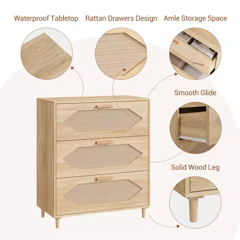 Commode Garvee à 3 tiroirs pour chambre à coucher, commode à tiroirs en rotin, rangement de chevet en bois rustique pour salon, couloir