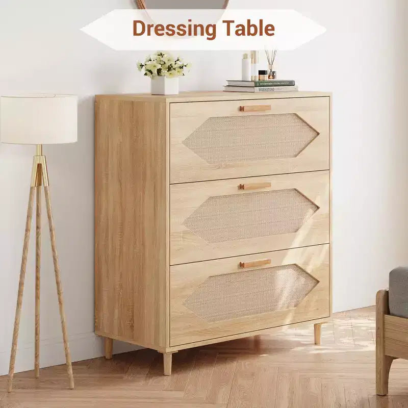 Commode Garvee à 3 tiroirs pour chambre à coucher, commode à tiroirs en rotin, rangement de chevet en bois rustique pour salon, couloir