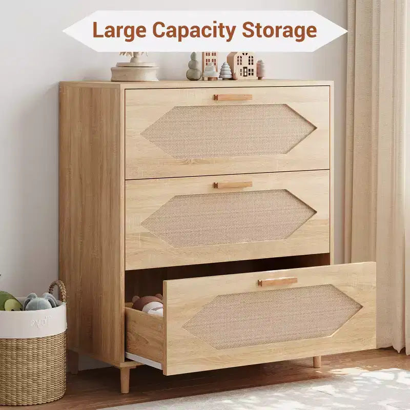 Commode Garvee à 3 tiroirs pour chambre à coucher, commode à tiroirs en rotin, rangement de chevet en bois rustique pour salon, couloir