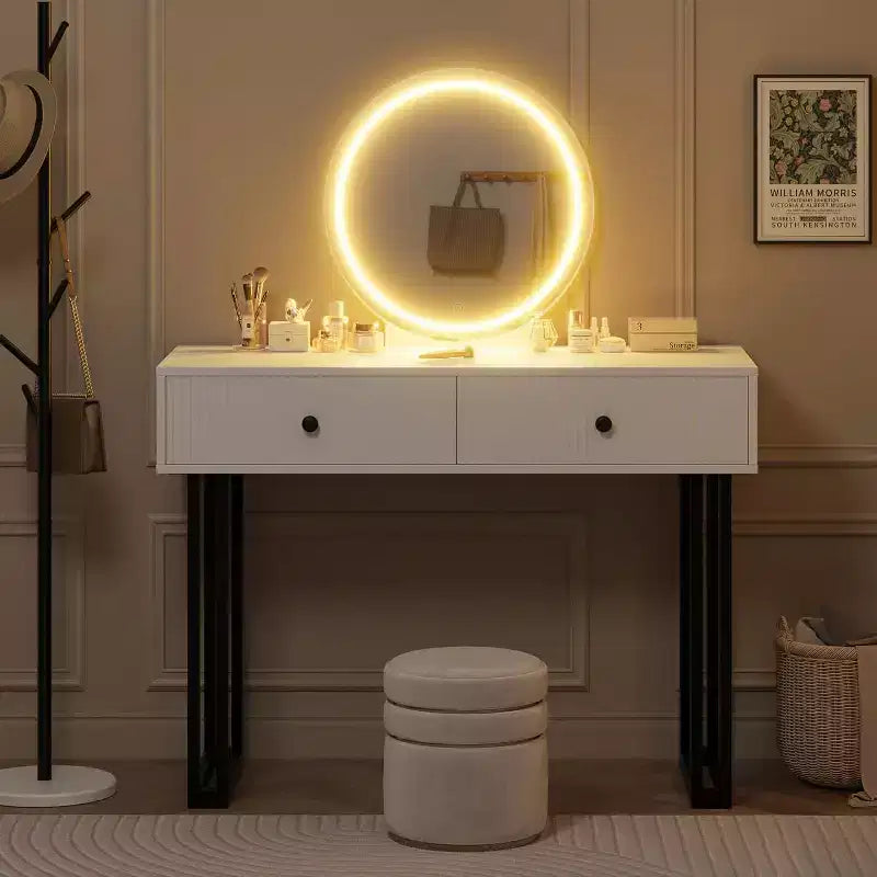 Coiffeuse avec Miroir et Lumières, Coiffeuse Maquillage 102 cm avec 3 Couleurs d'Éclairage et Luminosité Réglable