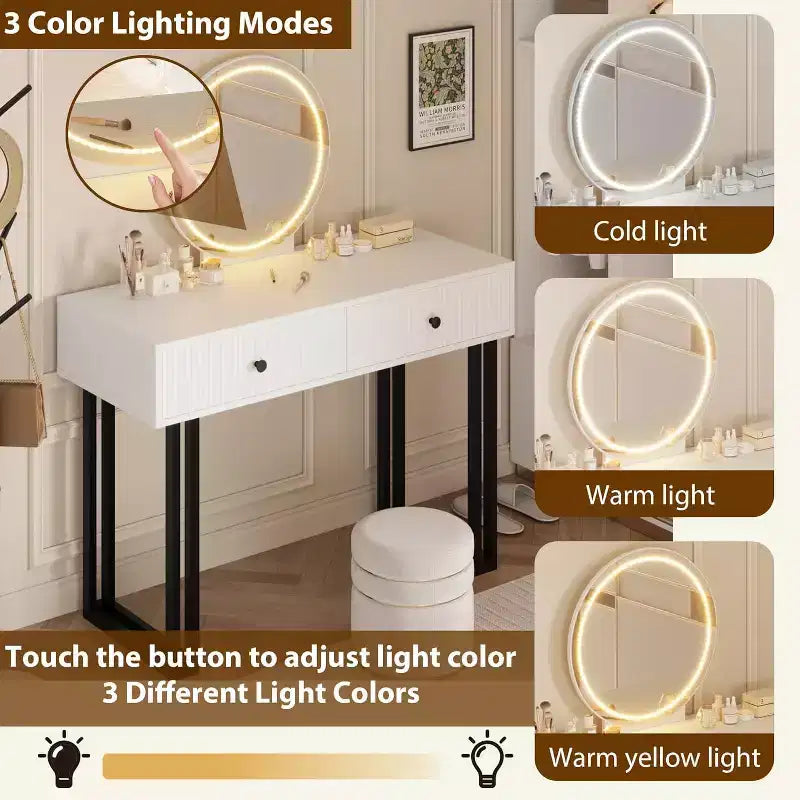 Coiffeuse avec Miroir et Lumières, Coiffeuse Maquillage 102 cm avec 3 Couleurs d'Éclairage et Luminosité Réglable