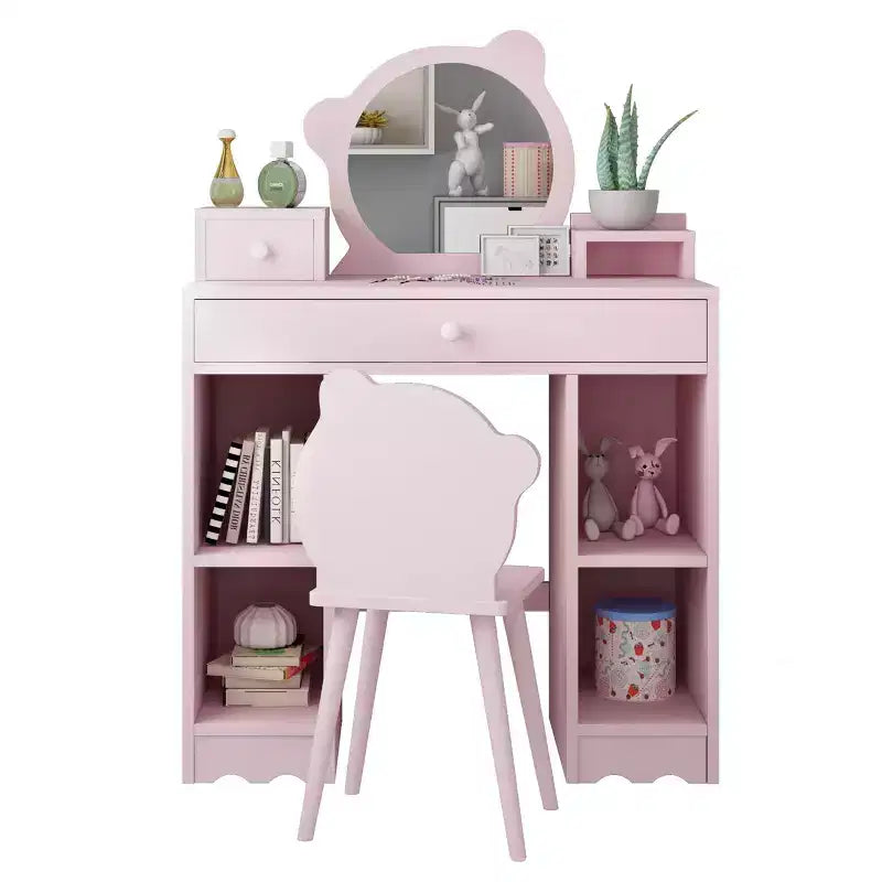 Coiffeuse en bois pour enfants avec table, miroir, tiroir de rangement et étagères, et tabouret assorti, rose
