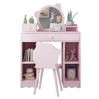 Coiffeuse en bois pour enfants avec table, miroir, tiroir de rangement et étagères, et tabouret assorti, rose