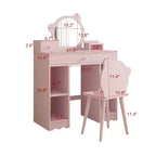 Coiffeuse en bois pour enfants avec table, miroir, tiroir de rangement et étagères, et tabouret assorti, rose