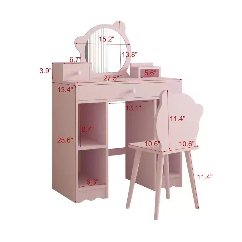 Coiffeuse en bois pour enfants avec table, miroir, tiroir de rangement et étagères, et tabouret assorti, rose