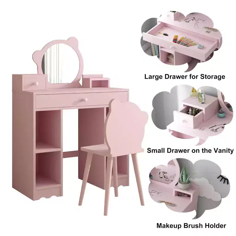 Coiffeuse en bois pour enfants avec table, miroir, tiroir de rangement et étagères, et tabouret assorti, rose