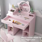 Coiffeuse en bois pour enfants avec table, miroir, tiroir de rangement et étagères, et tabouret assorti, rose