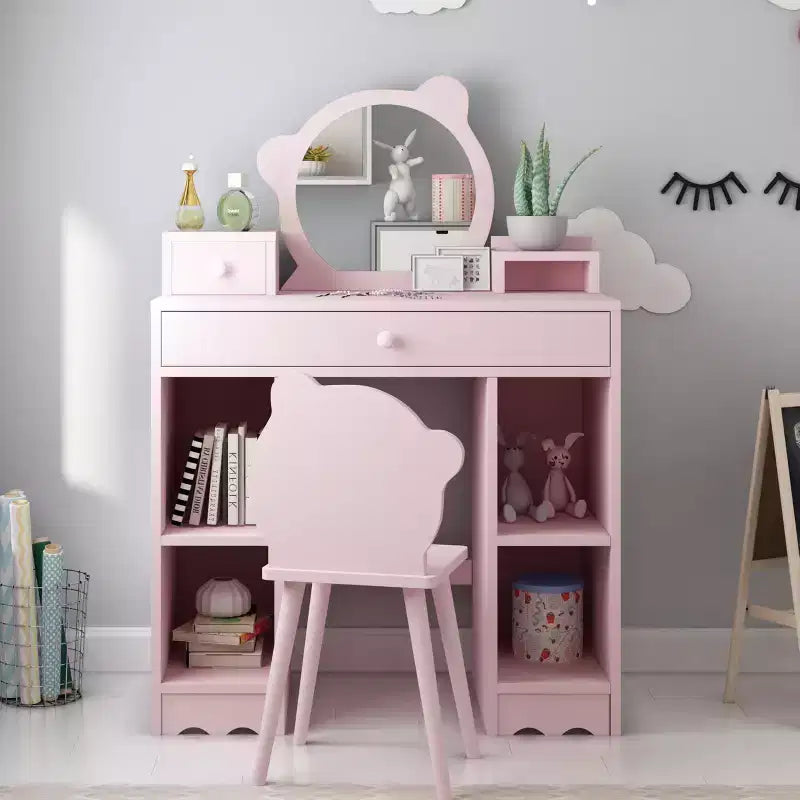 Coiffeuse en bois pour enfants avec table, miroir, tiroir de rangement et étagères, et tabouret assorti, rose