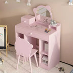 Coiffeuse en bois pour enfants avec table, miroir, tiroir de rangement et étagères, et tabouret assorti, rose