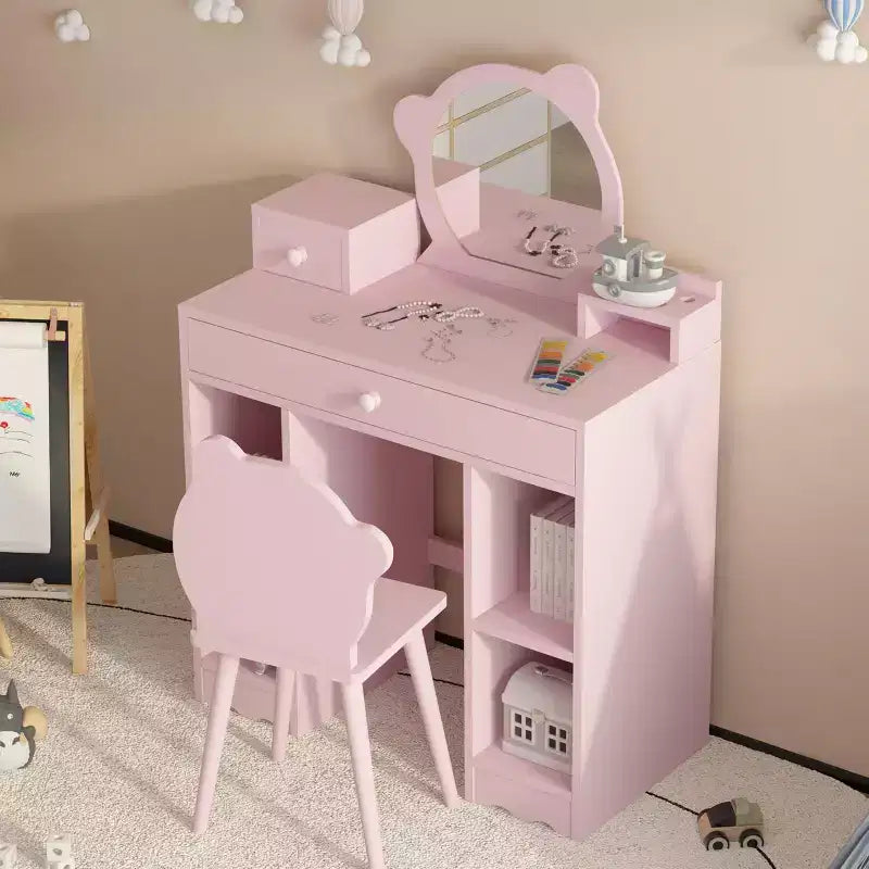 Coiffeuse en bois pour enfants avec table, miroir, tiroir de rangement et étagères, et tabouret assorti, rose