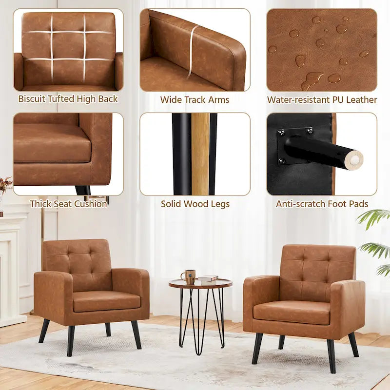 Fauteuil d'appoint capitonné moderne en similicuir Yaheetech avec pieds en bois massif - 28.52933