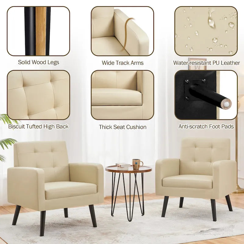 Fauteuil d'appoint capitonné moderne en similicuir Yaheetech avec pieds en bois massif - 28.52933