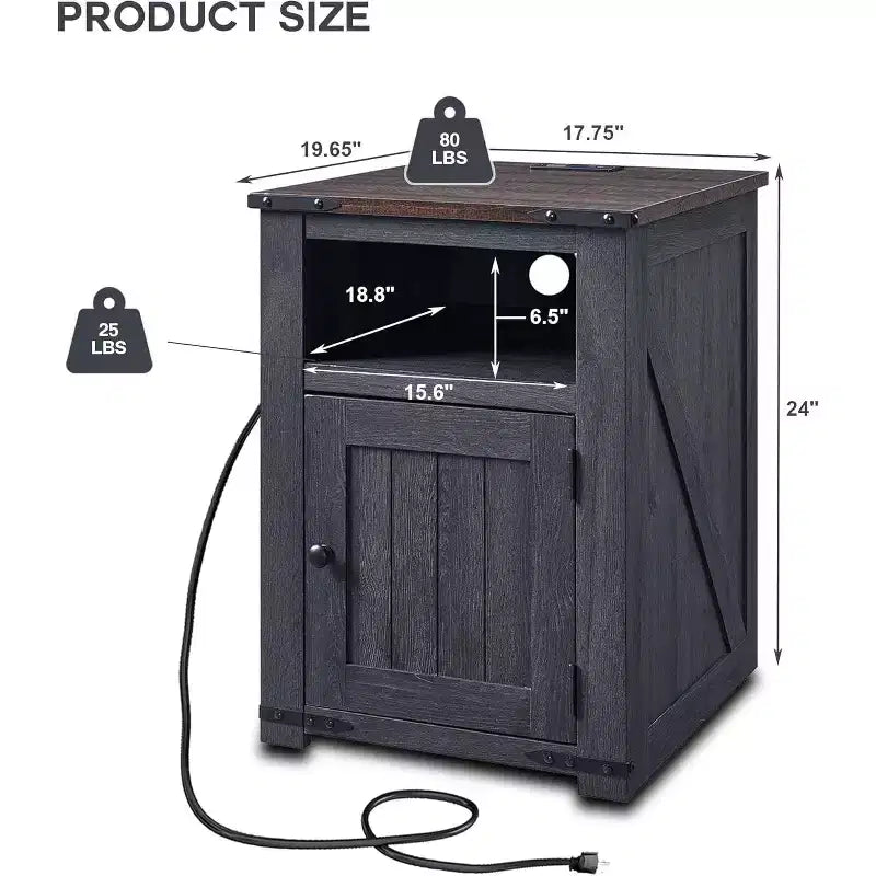 Table de chevet avec station de recharge, table d'appoint de ferme de 50,8 cm avec porte coulissante à rainures et étagère réglable pour chambre à coucher