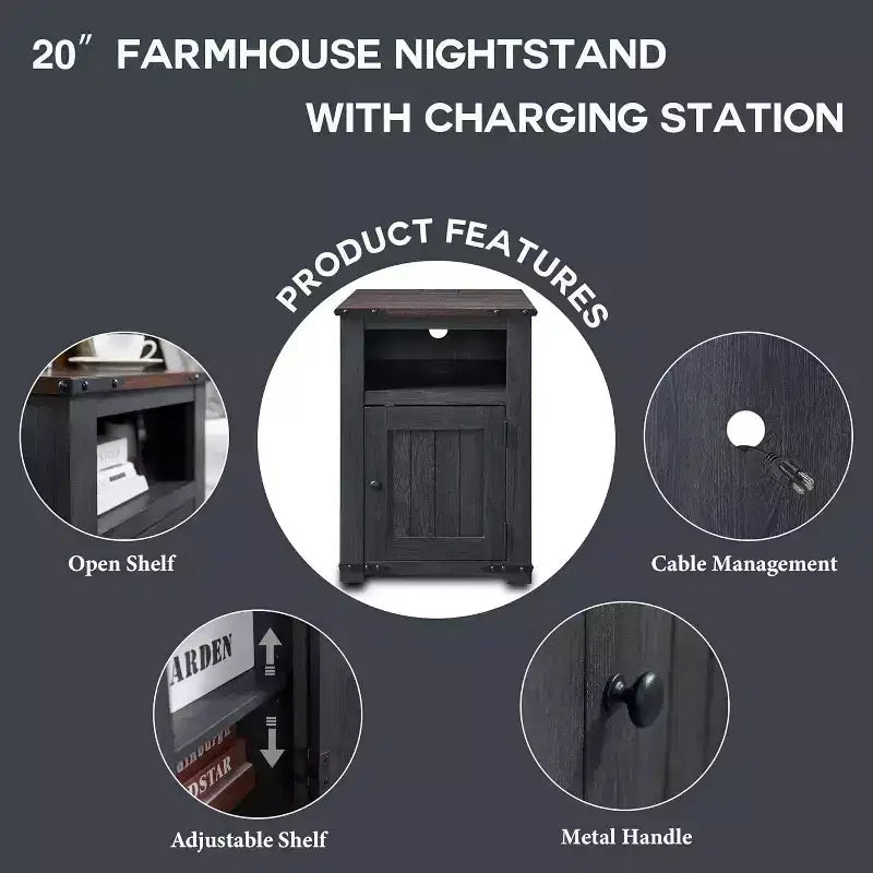 Table de chevet avec station de recharge, table d'appoint de ferme de 50,8 cm avec porte coulissante à rainures et étagère réglable pour chambre à coucher