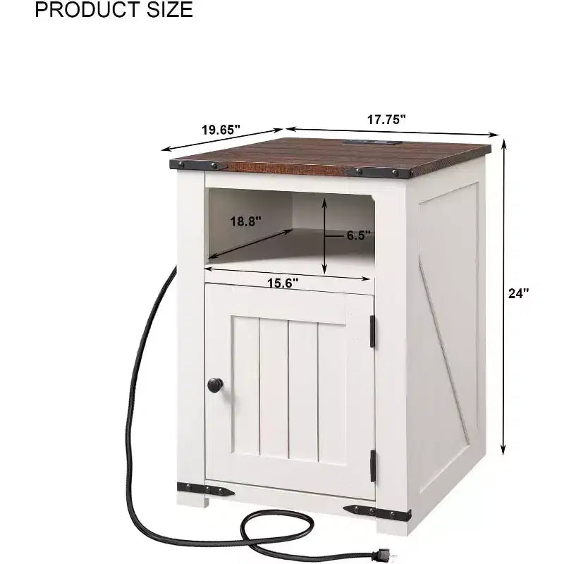 Table de chevet avec station de recharge, table d'appoint de ferme de 50,8 cm avec porte coulissante à rainures et étagère réglable pour chambre à coucher