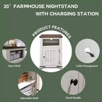 Table de chevet avec station de recharge, table d'appoint de ferme de 50,8 cm avec porte coulissante à rainures et étagère réglable pour chambre à coucher