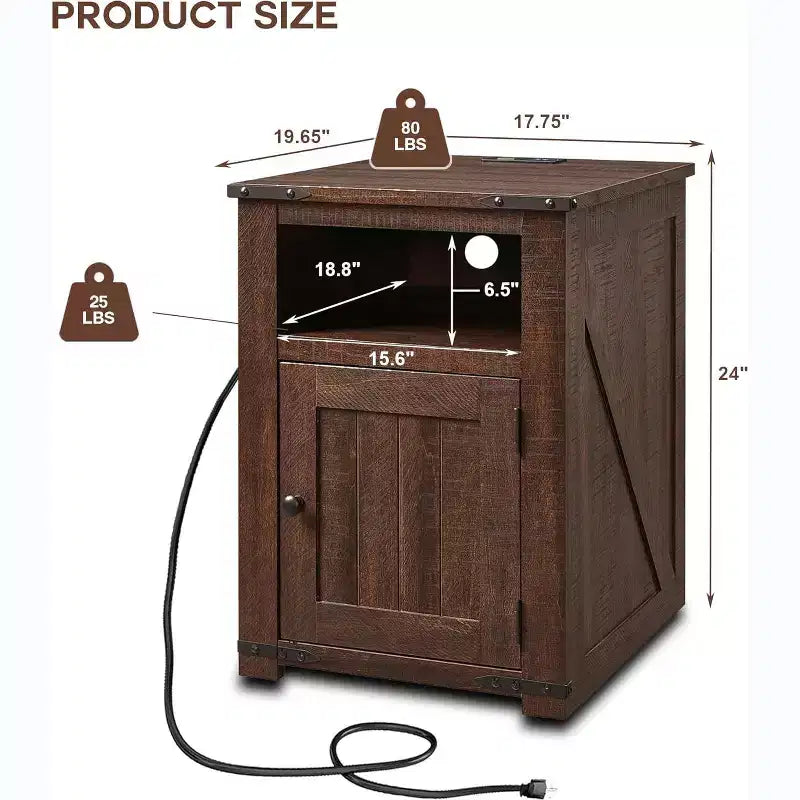 Table de chevet avec station de recharge, table d'appoint de ferme de 50,8 cm avec porte coulissante à rainures et étagère réglable pour chambre à coucher