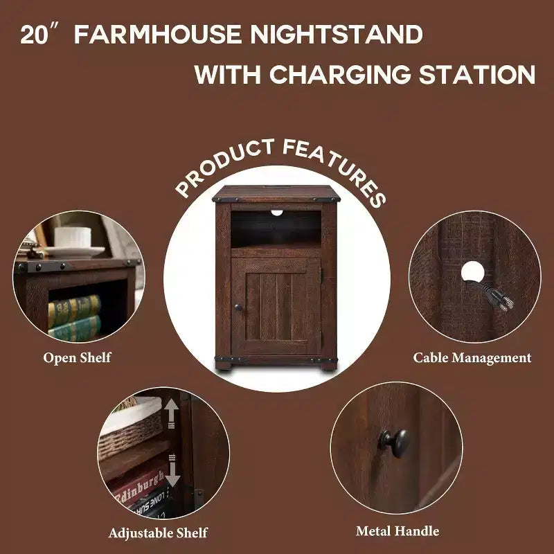Table de chevet avec station de recharge, table d'appoint de ferme de 50,8 cm avec porte coulissante à rainures et étagère réglable pour chambre à coucher