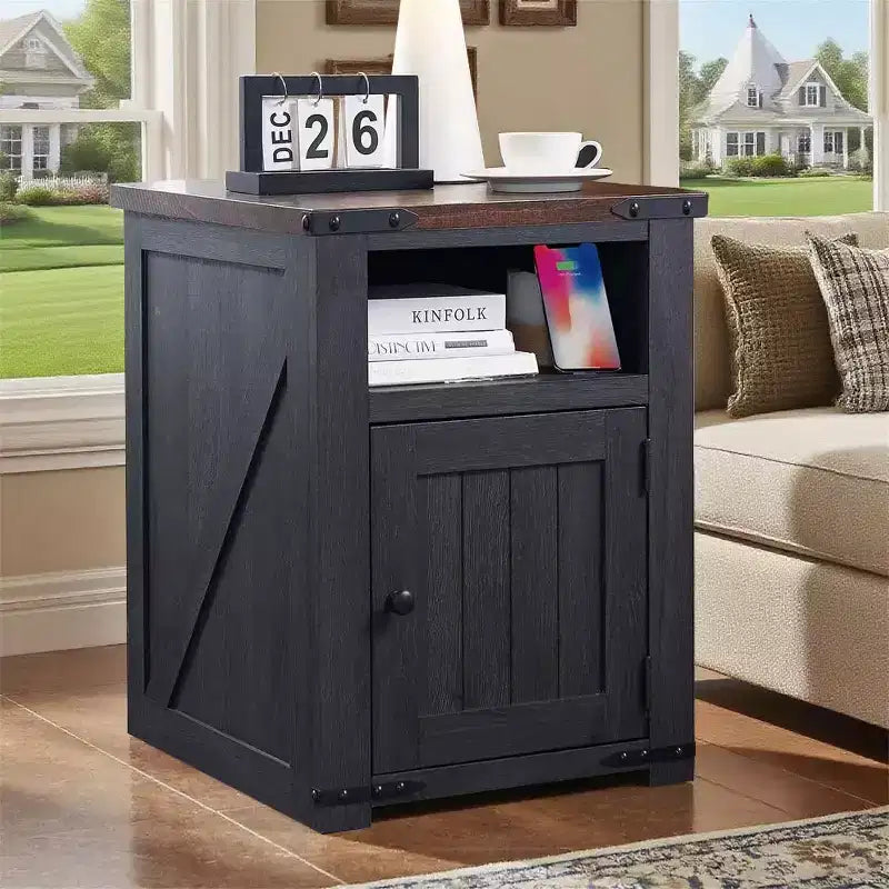 Table de chevet avec station de recharge, table d'appoint de ferme de 50,8 cm avec porte coulissante à rainures et étagère réglable pour chambre à coucher