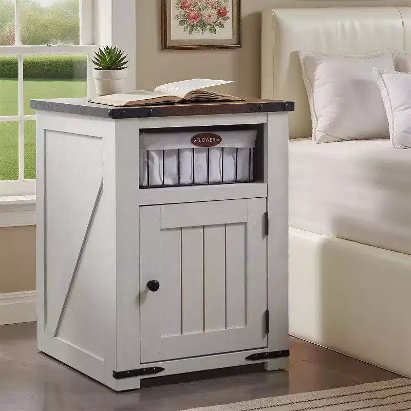 Table de chevet avec station de recharge, table d'appoint de ferme de 50,8 cm avec porte coulissante à rainures et étagère réglable pour chambre à coucher
