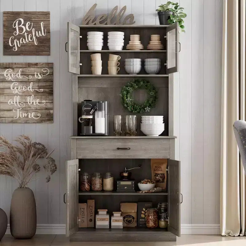 Meuble de cuisine garde-manger, Armoire de rangement de cuisine haute de 180 cm avec support pour micro-ondes