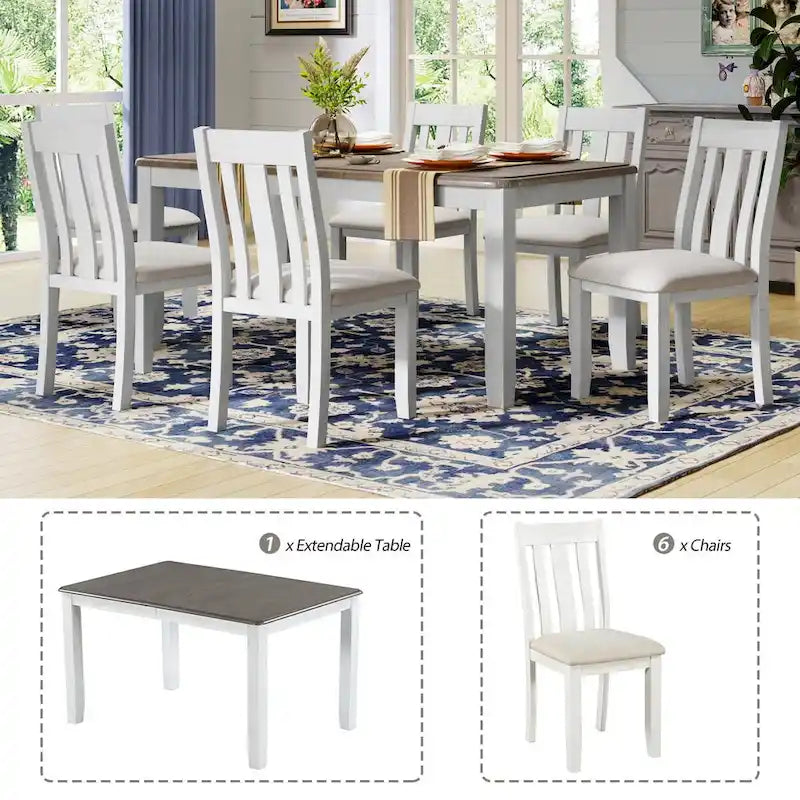 Ensemble de salle à manger 7 pièces de style rétro avec table extensible et 6 chaises rembourrées