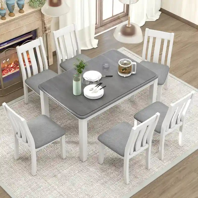 Ensemble de salle à manger 7 pièces de style rétro avec table extensible et 6 chaises rembourrées