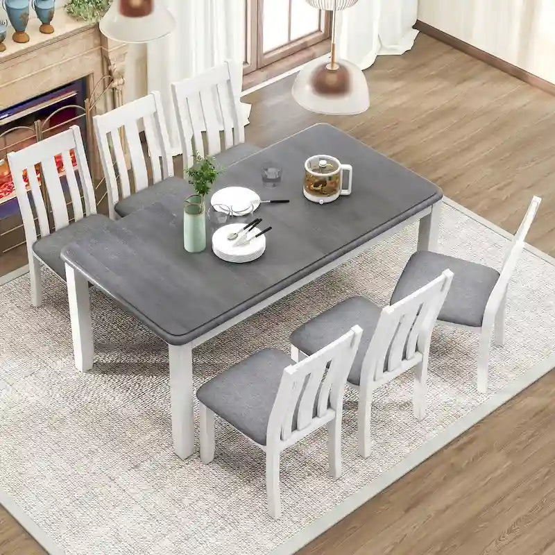 Ensemble de salle à manger 7 pièces de style rétro avec table extensible et 6 chaises rembourrées