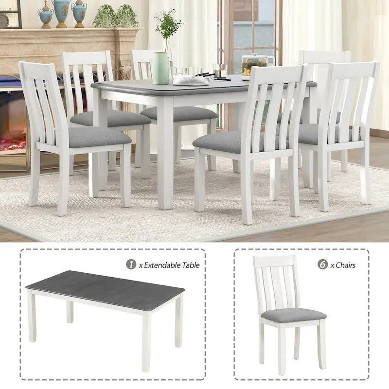 Ensemble de salle à manger 7 pièces de style rétro avec table extensible et 6 chaises rembourrées