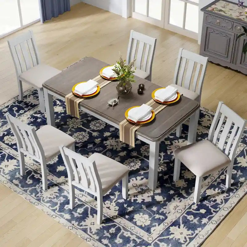 Ensemble de salle à manger 7 pièces de style rétro avec table extensible et 6 chaises rembourrées