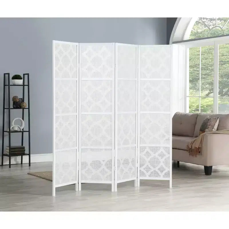 Paravent 4 panneaux motif trèfle infusé et diamant Roundhill Furniture, blanc