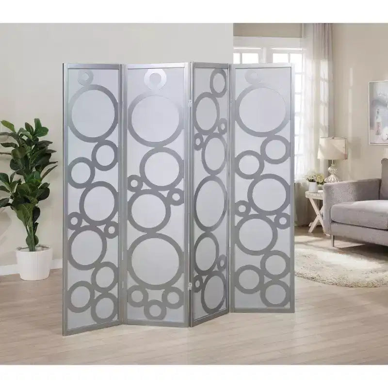 Arvada 4-Panel Wood Room Divider with Circle Pattern, Silver