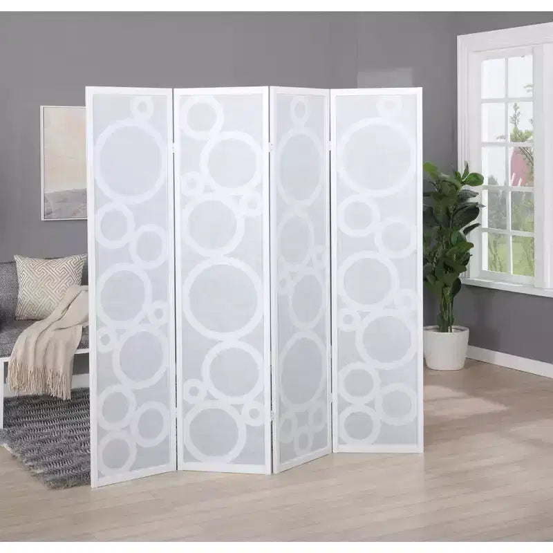 Séparateur de pièce Arvada à 4 panneaux en bois avec motif cercle, blanc