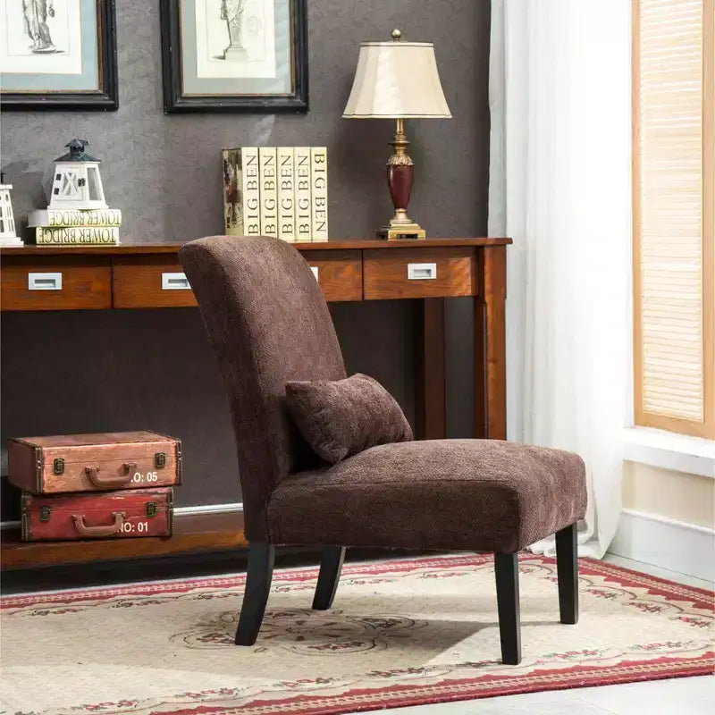 Fauteuil d'appoint contemporain sans accoudoirs en tissu chenille Pisano de Roundhill Furniture avec oreiller lombaire assorti, chocolat
