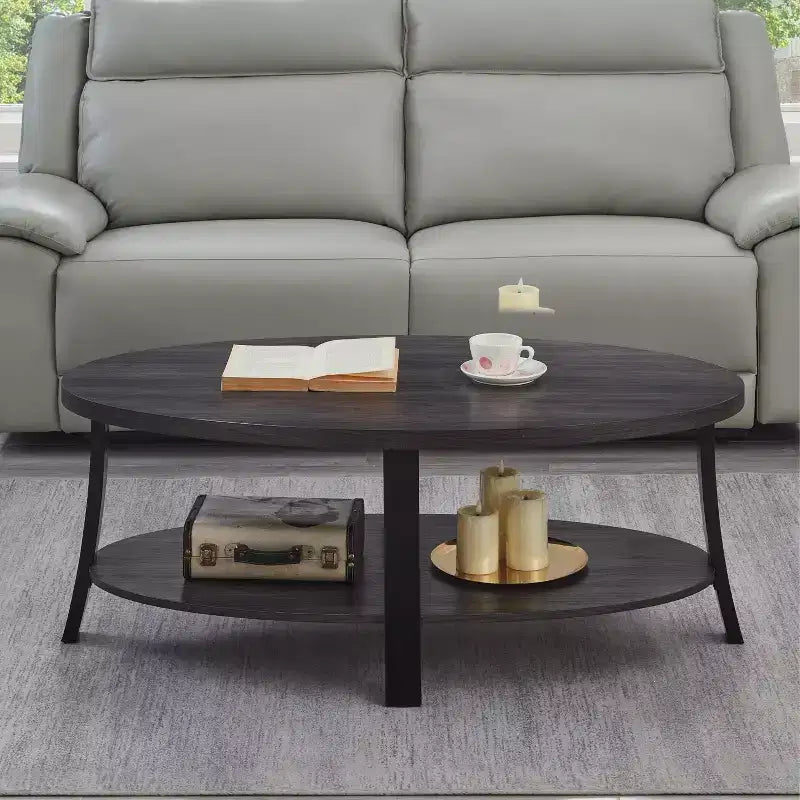 Table basse Anze contemporaine en bois de forme ovale avec étagère