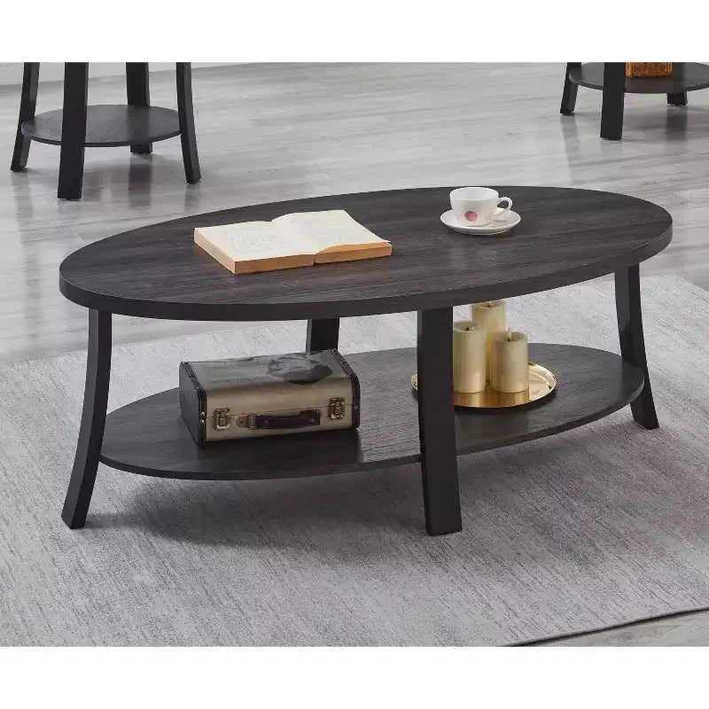 Table basse Anze contemporaine en bois de forme ovale avec étagère